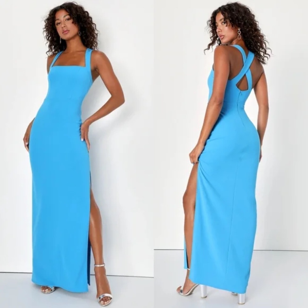 Lulu's Glamorous Dedication Sky Blue Cross-Back Maxi Dress
